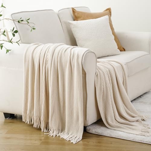 BATTILO HOME Beige Throw Blanket for Couch, 50"x60" | Soft Chenille Knit Blanket with Tassels for Home Decor, Neutral Beige Throws for Couch Cover - color: Chenille-beige, size: 50 x 60 in.