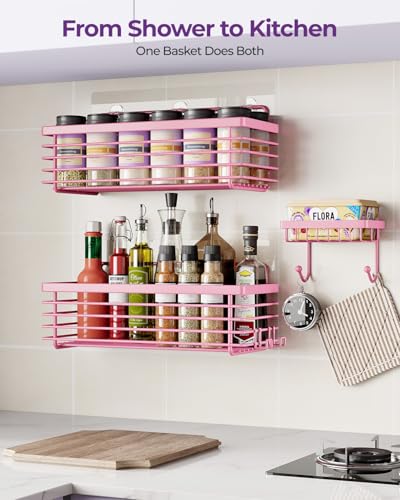 Shower Caddy Adhesive 3 Pack Stainless Steel Storage Organizers-Pink | No drilling wall mounted,rust-resistant,large capacity,quick drainage,easy to clean,suitable for bathrooms and kitchens - color: Pink