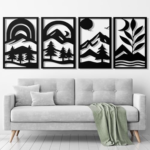GALLERY GRACE 4-Pc Metal Mountain Landscape Wall Art, Black Wall Decor Set | 11 x 16 In Panels, Mountain, Tree and Sunrise Design, Minimalist Abstract Style, Ready to Hang, for Living Room or Bedroom - style: Abstract Landscape