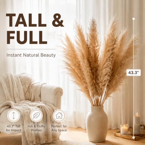 43.3 Inch Natural Pampas Grass Bouquet, 23.6 Inch Large Fluffy Plumes, Zero Maintenance Boho Farmhouse Decor for Floor Vase, Wedding Party Home Decoration, 10 Stems