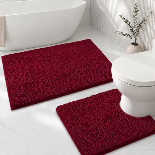 Bathroom Rugs Sets 2 Piece,Super Absorbent Soft,Thick,Machine Washable Chenille Bath Mat,Non Slip Toilet Floor Rug,Bath Mats for Bathroom,20x32 Plus 20x20 U Shape,Burgundy - color: Burgundy, size: 1'8" x 2'8" (20x32''+20x20''U shape)