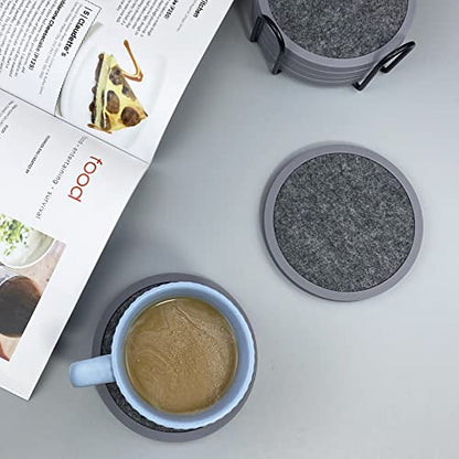 Absorbent Coasters for Drinks with Holder - 6packs, Silicone Coaster with Soft Felt Insert (4.3 inch Coasters with 4.5 inch Holder, Heathered Dark Gray) - color: Heathered Dark Gray