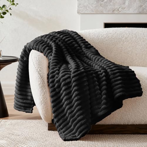 Nookly Black Twin Size Fleece Blanket, Soft Lightweight Ribbed Plush Bed Blanket, Cozy All-Season Striped Fleece Twin Throw for Bedroom and Home, 60x80 Inches - color: Black, size: Twin(60"x80")