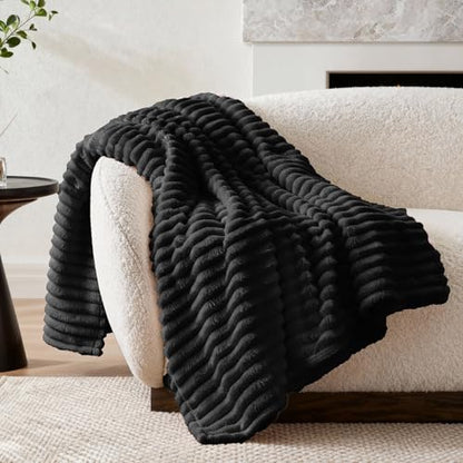 Nookly Black Twin Size Fleece Blanket, Soft Lightweight Ribbed Plush Bed Blanket, Cozy All-Season Striped Fleece Twin Throw for Bedroom and Home, 60x80 Inches - color: Black, size: Twin(60"x80")