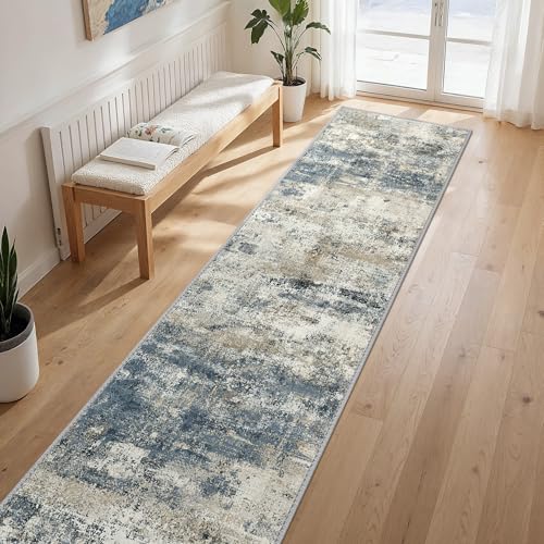 GENIMO 2'6"x10' Runner Rug Non Slip Washable for Hallway Entryway Navy Blue | Modern Abstract, Lightweight Low Pile Thin Carpet, Spill and Stain Resistant Soft Mat for Kitchen Floor, Laundry Room Bedroom - color: Navy Blue Gray, size: 2'6" x 10' (Rectangu