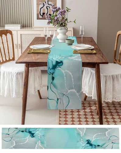 Marble Turquoise Aqua Table Runner 36 Inches Long,Cotton Linen Modern Teal Kitchen Dinner Dining Table Runners Decor Dresser,Burlap Blue Tablerunner for Coffee/Dining/Party/Wedding Table Table Decor - size: 13"x36"