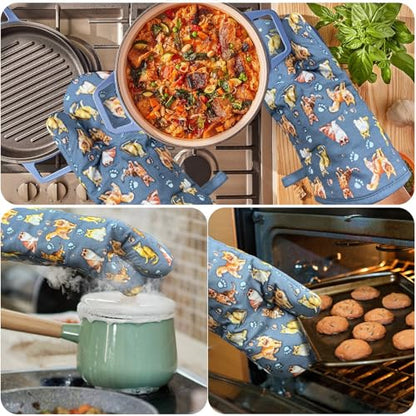 Oven Mitts 1 Pair, Non Slip Clear Silicone Printed Rooster Kitchen Gloves | Heat Resistant 480 ℉ Comfortable Cotton Lining Kitchen Men Cooking Barbecue Machine Washable (Cat, Grey mitts) - color: Cat, Blue Mitts