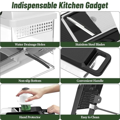 12-in-1 Vegetable Chopper 7 Blades, Veggie Cutter with Handle, Black/White | Stainless Steel Blades, Food Container and Lid, Dicer, Slicer, Julienne, Egg Separator, Non-slip Base, Include Cleaning Tools - color: Black, size: 7 blades