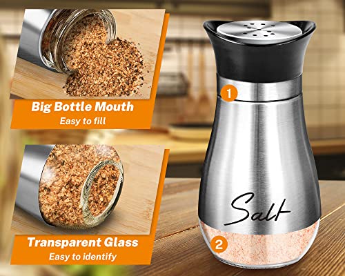 Salt and Pepper Shakers - 4 oz Silver Glass Set with Stainless Steel Lids | Refillable Glass Shakers with Stainless Steel Lids for Cooking, Dining, RV Trips, Camping and BBQs; 4 oz Capacity Each. - color: Silver