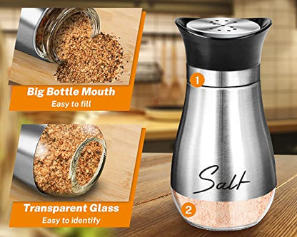 Salt and Pepper Shakers - 4 oz Silver Glass Set with Stainless Steel Lids | Refillable Glass Shakers with Stainless Steel Lids for Cooking, Dining, RV Trips, Camping and BBQs; 4 oz Capacity Each. - color: Silver