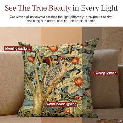 William Morris Woodpecker Right Tapestry Throw Pillow Cover 18 x 18 in - color: Black Woodpecker