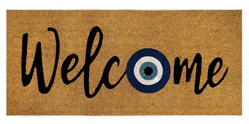Croft&Cane Welcome Coir Doormat - 17x39 inches Extra Wide Non-Slip Door Mat | Natural Coco Coir Doormat - Low Profile Heavy-Duty Vinyl Backed Indoor Outdoor Mat - Large Entryway Rug for Wide Doorways - color: Welcome Evil Eye, size: 1'5" x 3'3" (Rectangul