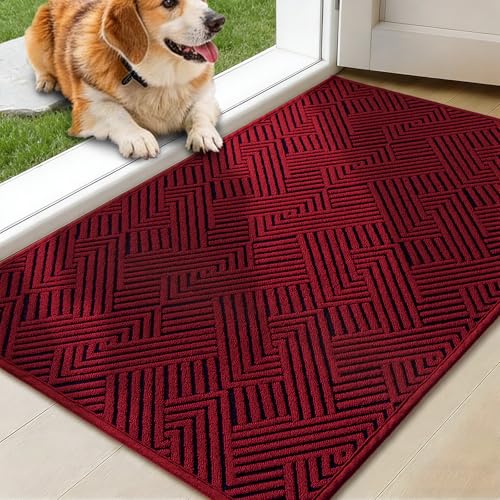 Dirt Trapper Door Mat 20" x 32", Non-Slip Washable Entrance Mat, Dirt Resistant and Absorbent Welcome Mat, Low Profile Floor Mat for Front/Back Door, Entryway, Red - color: Red, size: 20"x32" (Rectangular)