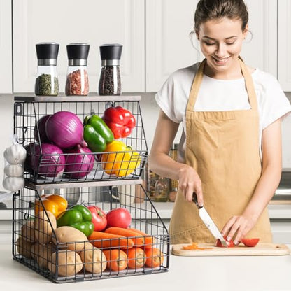 Mefirt Fruit Basket, Stackable Wall Mounted Fruit Baskets, Potato Baskets Onion Storage for Kitchen, Hanging Wire Basket with Wood Lid, 2-Tier Vegetable Organizer Kitchen Countertop Organization | Hanging Potato Basket Wire Basket with Wood Lid, 2-Tier Ve