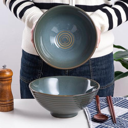 Ceramic Japanese Ramen Bowl Set, 2 Sets Asian Pho Udon Soup Noodle Bowls with Spoons and Chopsticks (Olive Green, 8 inches) - color: Olive Green