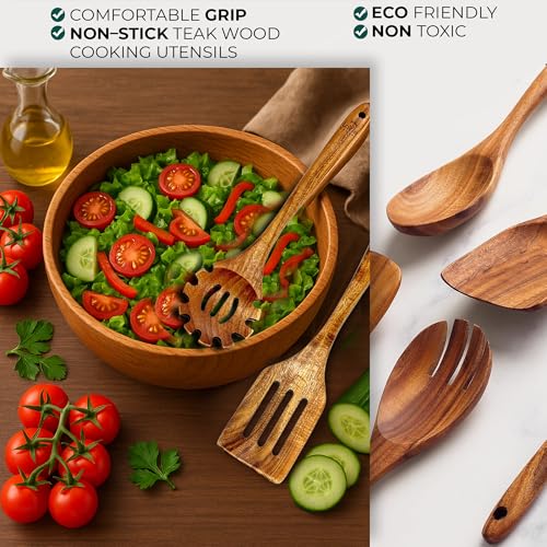 Wooden Spoons for Cooking, 10 Pcs Teak Wooden Kitchen Utensil Set, Teak Wooden Utensil Set, wooden cooking utensils, non toxic cooking utensils with knife and bamboo board