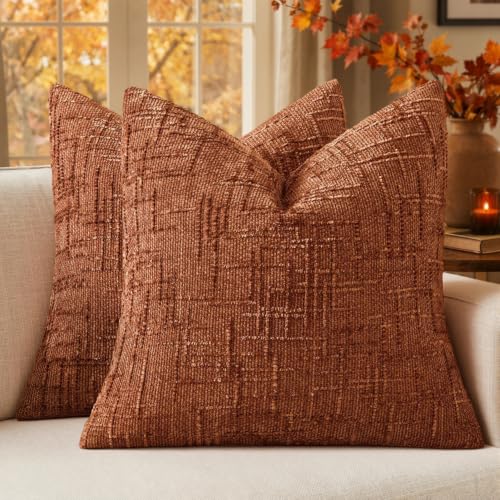 MIULEE Chenille Textured Fall Throw Pillow Covers Burnt Orange 18x18 | Set of 2, Slubby Decorative Pillows, Boho Farmhouse Home Decor, Modern Neutral Cushion Covers for Couch Sofa Bed Living Room - color: Burnt Orange, size: 18" x 18" (Pack of 2)