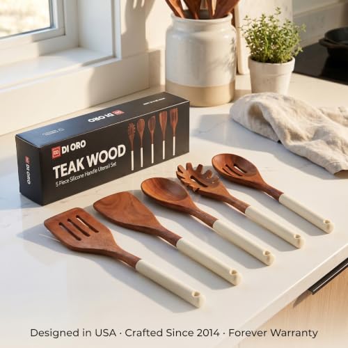 DI ORO Wooden Kitchen Utensil Set - 5-Piece Wooden Spoon & Spatula Set - Nonstick Cookware Safe Teak Wood Cooking Utensils - Heat-Resistant Kitchen Utensils Set with Silicone Handles (Cream) - color: Cream