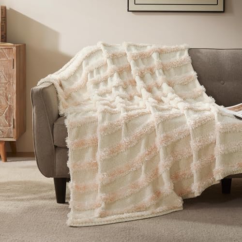 SLEEP ZONE Chenille Throw Blanket for Couch, Soft Farmhouse Blankets for Sofa Chair Bed Home Decoration Cozy Knit Blankets 60"x80" - color: White+beige, size: 60*80