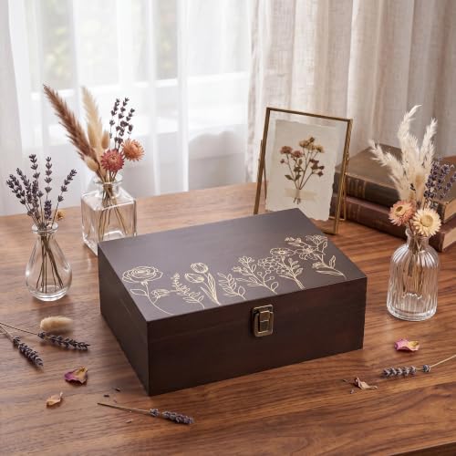 Marsui Wildflower Wooden Keepsake Box, 10.6 x 7.7 x 3.9 Inch Decorative Memory Box with Hinged Lid for Crafts Photos Letters Cards Jewelry Storage, Rustic Floral Gift Boxes for Women Wedding Birthday