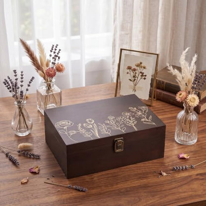 Marsui Wildflower Wooden Keepsake Box, 10.6 x 7.7 x 3.9 Inch Decorative Memory Box with Hinged Lid for Crafts Photos Letters Cards Jewelry Storage, Rustic Floral Gift Boxes for Women Wedding Birthday