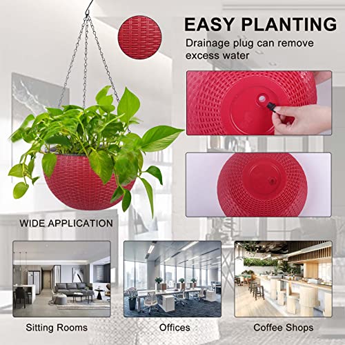 Vencer 11 Inch Round Resin Rattan Hanging Planters,Red,VF-A15-R | Self Watering,Drain Hole,Metal Chain,Water Indicator,Indoor Outdoor - color: Red