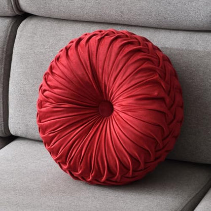 Round Throw Pillow Velvet 1 Pcs 14.17" Home Decoration Pleated 3D Pumpkin Pillow Cushion for Couch Chair Bed Car (Red)