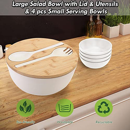ShineMe Salad Bowl Set, 9.8inches Large Salad Bowl with Lid, Bamboo Salad Serving Bowl with 4pack Small Snack Bowls and Servers(Fork & Spoon) for Mixing Salad, Vegetables and Pasta(White) - color: White