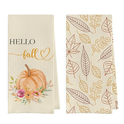 Fall Pumpkin Dish Towels Set - Fall Leaves Gifts Waffle Weave Kitchen Towels, Fall Pumpkin Gifts Hand Tea Towels, Autumn Bathroom Kitchen Decor (16×24 Inches Set of 2) - color: Fall-5