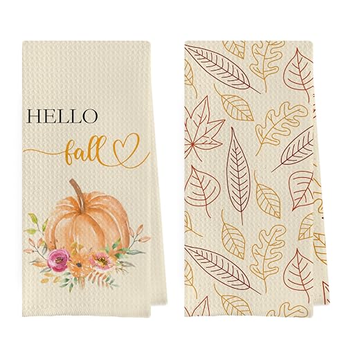 Fall Pumpkin Dish Towels Set - Fall Leaves Gifts Waffle Weave Kitchen Towels, Fall Pumpkin Gifts Hand Tea Towels, Autumn Bathroom Kitchen Decor (16×24 Inches Set of 2) - color: Fall-5
