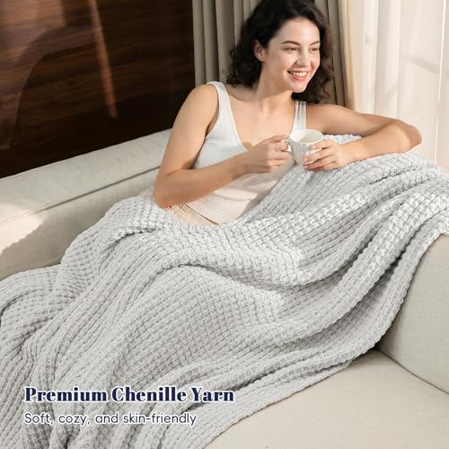 PHF Chenille Waffle Knit Throw Blanket- Plush Warm & Cozy 50" x 60" Ultra Soft Blanket- Chunky Fluffy Waffle Throws for Couch Bed Sofa - Light Grey - color: Light Grey, size: Throw(50"X60")