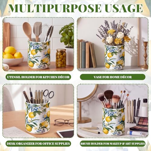 Lemon Ceramic Utensil Holder 6.3 Inch Rustic Kitchen Crock Summer Lemon Floral Design Countertop Storage Organizer for Spatula and Spoon Home Cooking Unique Gift Idea - style: Lemon