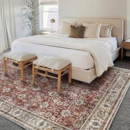 CHAMPLANT Washable Area Rug 8'x10' Boho Design Non-Shedding Non-Slip Easy Care Ideal for High Traffic Areas in Living Room Bedroom Office Coffee Table Kitchen Large Carpet - color: Dark Red Flowers, size: 8' x 10' (Rectangular)