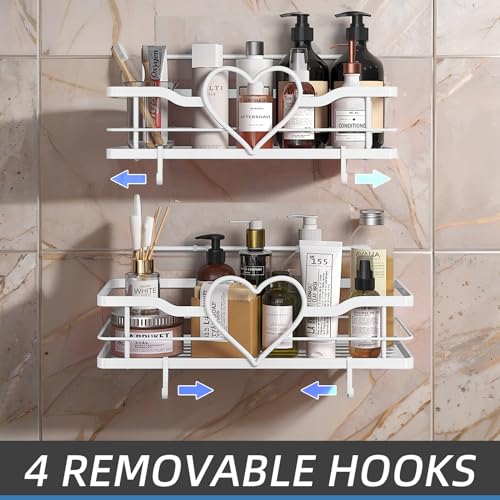 White Heart Shower Caddy,No Drilling Adhesive Shelves,2 Pack | Shower Shelf with 4 Removable Hooks,Holds 40 lbs,Rustproof Metal,For bathroom,kitchen,dorm,Cute Shower Organizer - color: White