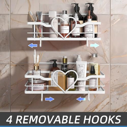 White Heart Shower Caddy,No Drilling Adhesive Shelves,2 Pack | Shower Shelf with 4 Removable Hooks,Holds 40 lbs,Rustproof Metal,For bathroom,kitchen,dorm,Cute Shower Organizer - color: White