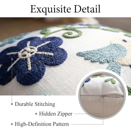 YIcabinet Pack of 2 Throw Pillow Covers, Embroidered Bird Flowers Pattern Throw Pillow Cover,Square Cotton Cushion,Pillow Case for Sofa Bedroom Couch,18"x18" - color: White18