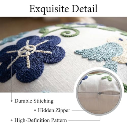 YIcabinet Pack of 2 Throw Pillow Covers, Embroidered Bird Flowers Pattern Throw Pillow Cover,Square Cotton Cushion,Pillow Case for Sofa Bedroom Couch,18"x18" - color: White18