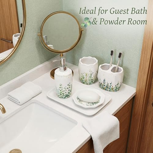 Sage Bathroom Accessories Set 4 Piece, Ceramic Soap Dispenser with Pump, Toothbrush Holder, Tumbler Cup & Soap Dish, Botanical Greenery Countertop Decor, White with Gold Speckles - style: Sage