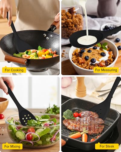 Pack of 4 Silicone Cooking Utensils Set, Non Stick Solid Spatulas and Heat Resistant Slotted Spoons with Back Hooks, Ideal BPA Free Kitchen Utensils Set for Frying,Serving,Turning,Stirring (BLACK) - color: Black