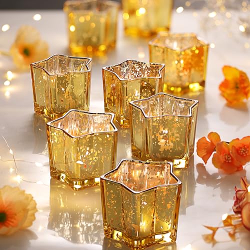 Letine 8pcs Gold Star Candle Holders Set - Elegant Tea Light & Votive Holders for Diwali, Weddings, Fall Decor - Mercury Glass Star Jars with Celestial Glow(2.44" Height) - color: Gold, size: 8pcs