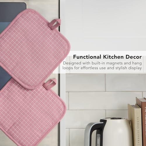 KITCHENAID Gourmet Series Gridlines Pot Holders 2-Pack Set, Heat Resistant up to 600°F, Soft Silicone Grip, Magnetic Cuff, Dried Rose, 8"x8" - color: Dried Rose