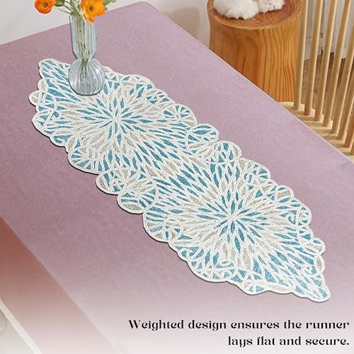 Beaded Table Runner, Sky Blue White, 36x13 | Glass beads on polyester backing, 36x13 in, coastal style, weddings, holidays, farmhouse dining tables - color: Sapphire Salt, size: 36"x13"