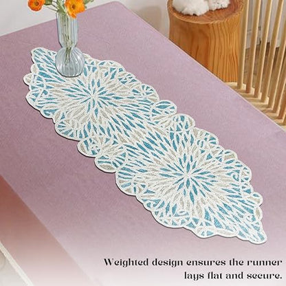 Beaded Table Runner, Sky Blue White, 36x13 | Glass beads on polyester backing, 36x13 in, coastal style, weddings, holidays, farmhouse dining tables - color: Sapphire Salt, size: 36"x13"