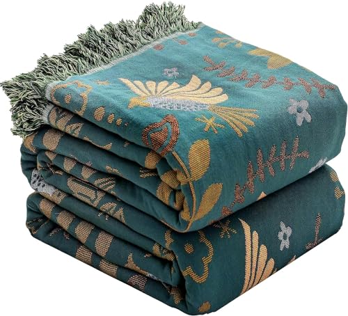 Boho Throw Blanket for Bed Couch 100% Cotton Woven Bed Throws for All Season Lightweight and Soft Cozy Farmhouse Reversible Muslin Decorative Blanket for Travel Picnic, Teal/Cream, 60''x80'' - color: Animal Spring Bird, size: 60''x80''