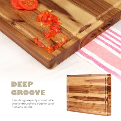 Acacia Wood Cutting Board (17x13x1.5in) and Wooden Butcher Block, Chopping Board - Reversible Multipurpose For Meat, Cheese Board, Vegetables, Bread...with Juice Groove, Cracker Holder & Inner Handles - size: 17"L x 13"W