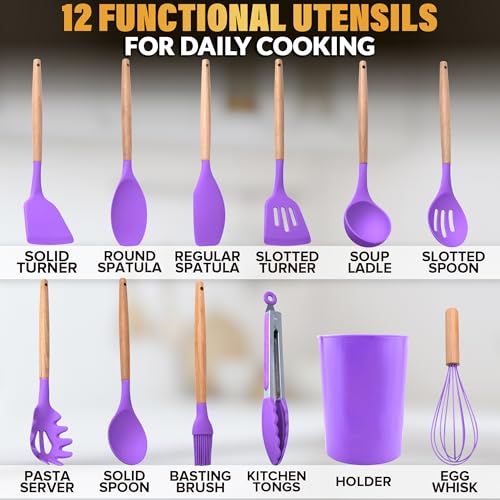 12 Pcs Purple Kitchen Accessories Set with Holder, Silicone Heads | Purple Kitchen Utensils Set for Cooking and Baking; Wooden Handles; Heat-Resistant up to 446°F; Non-Scratch for Nonstick Pans - color: Purple