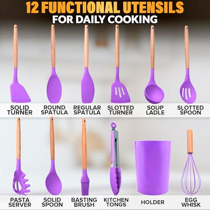 12 Pcs Purple Kitchen Accessories Set with Holder, Silicone Heads | Purple Kitchen Utensils Set for Cooking and Baking; Wooden Handles; Heat-Resistant up to 446°F; Non-Scratch for Nonstick Pans - color: Purple