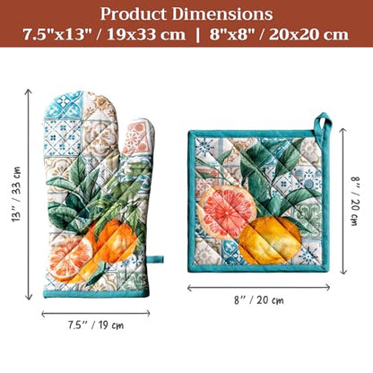 Maison d' Hermine 100% Cotton Oven Mitt & Pot Holder Set (7.5"x13" & 8"x8") | Heat Resistant BBQ Cooking Gloves with Loop Baking Grilling Kitchen Hotel Home Farmhouse Spring Summer - Agrume - color: 010 - Agrume, size: 7.5" x 13" & 8" x 8" (Oven Mitt & Po