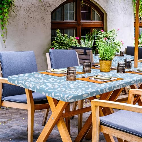 Rectangle Vinyl Tablecloth, Fitted Table Cover, 100% Waterproof, Elastic Edge, Flannel Backing, Plastic Table Cloth Fit 6 Foot Folding Tables for Picnic, Camping (Blue Leaves, 30x72 inch) - color: Baby Blue, size: 72" x 30" (Rectangular)