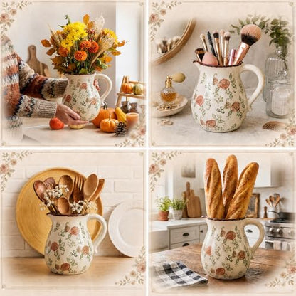 Retro Rustic Ceramic Utensil Holder 6.1" Modern Farmhouse Utensil Crock with Handle Kitchen Organizer for Countertop Home Decoration Housewarming Gift (Red Rose) - style: Red Rose